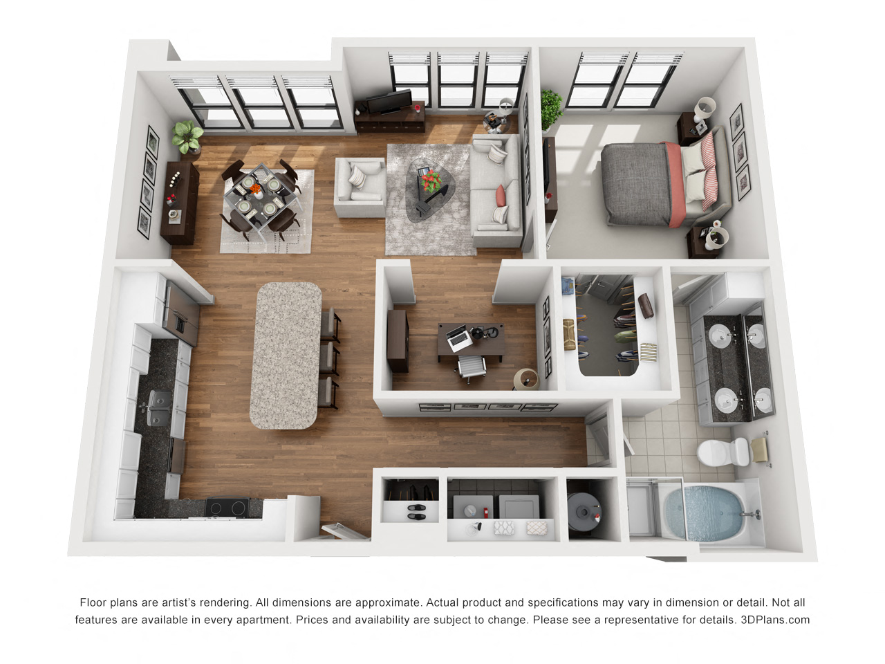 Floor plan for 1 bed, 1 bath, 1053 sqft